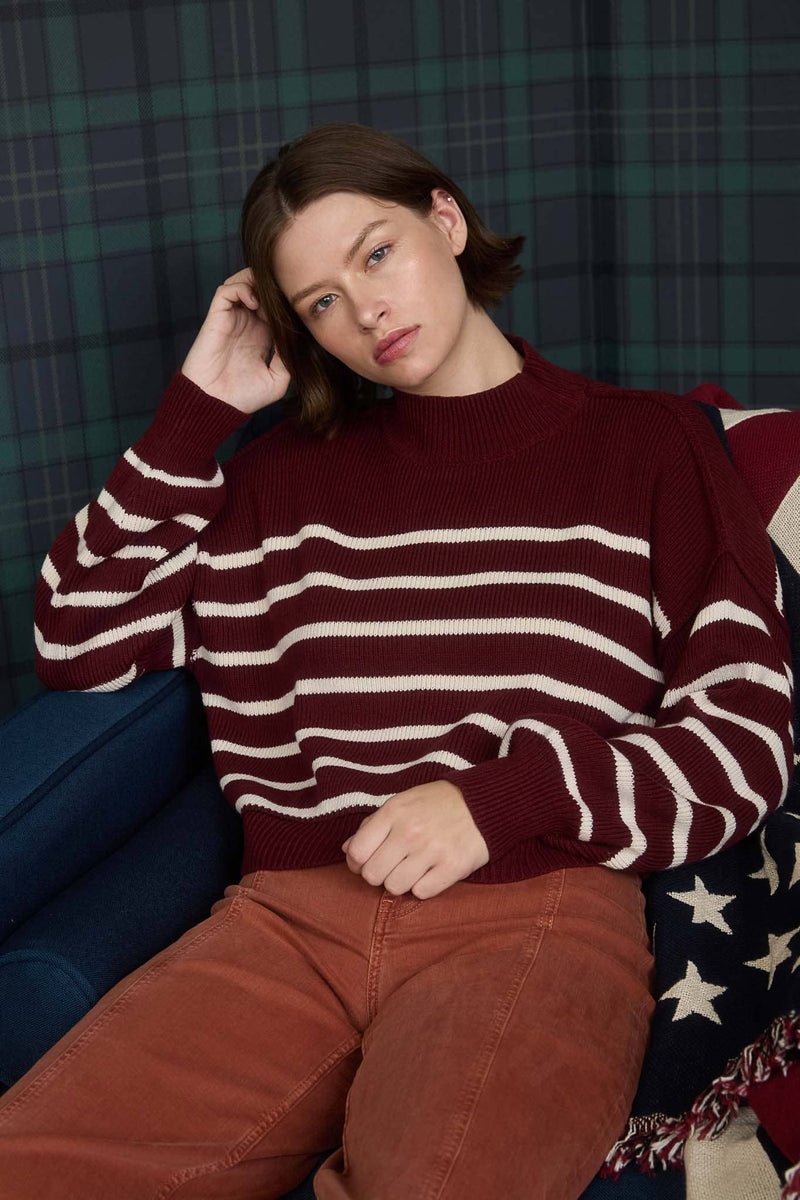 STRIPE MOCK NECK DROP SHOULDER KNIT SWEATER: NAVY