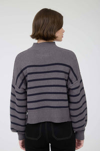 STRIPE MOCK NECK DROP SHOULDER KNIT SWEATER: NAVY
