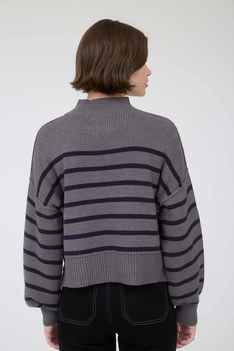STRIPE MOCK NECK DROP SHOULDER KNIT SWEATER: NAVY