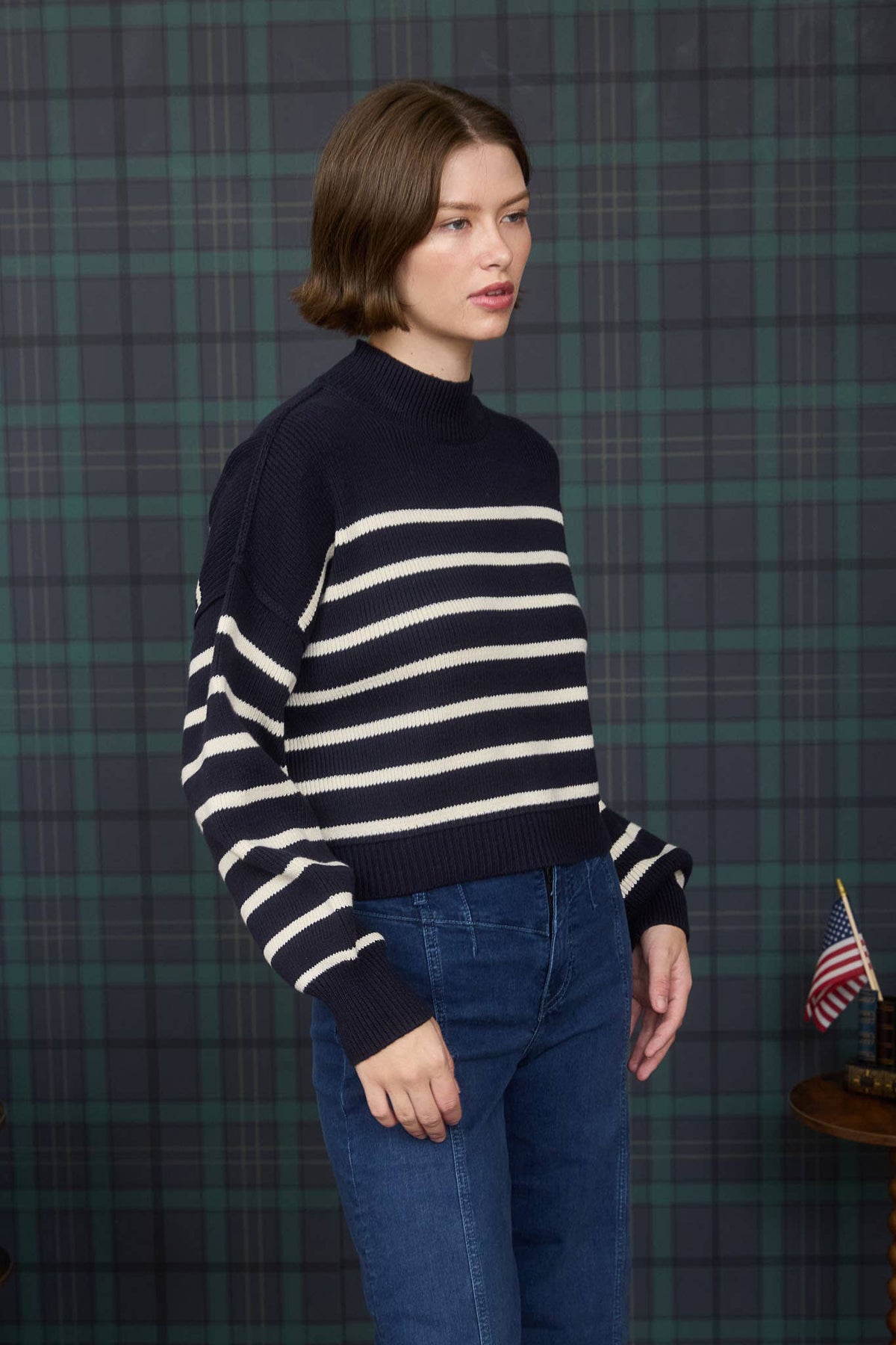 STRIPE MOCK NECK DROP SHOULDER KNIT SWEATER: NAVY
