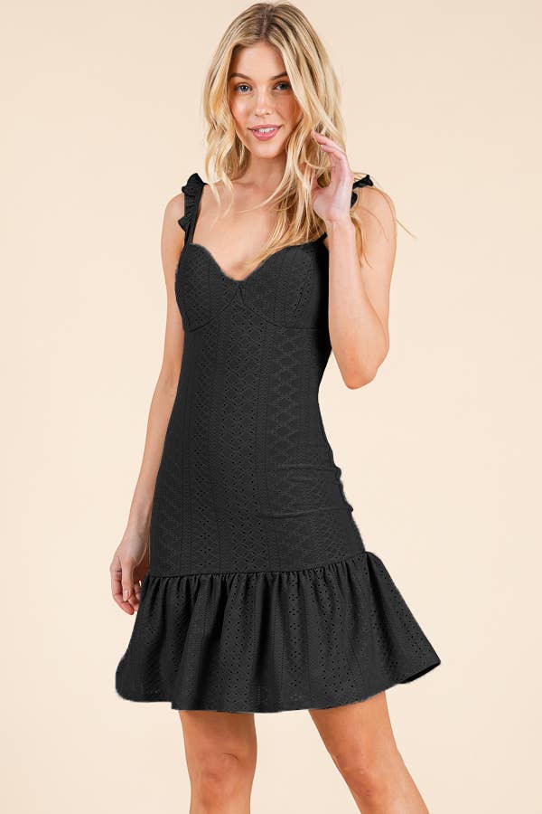 EYELET MINI DRESS: BLACK