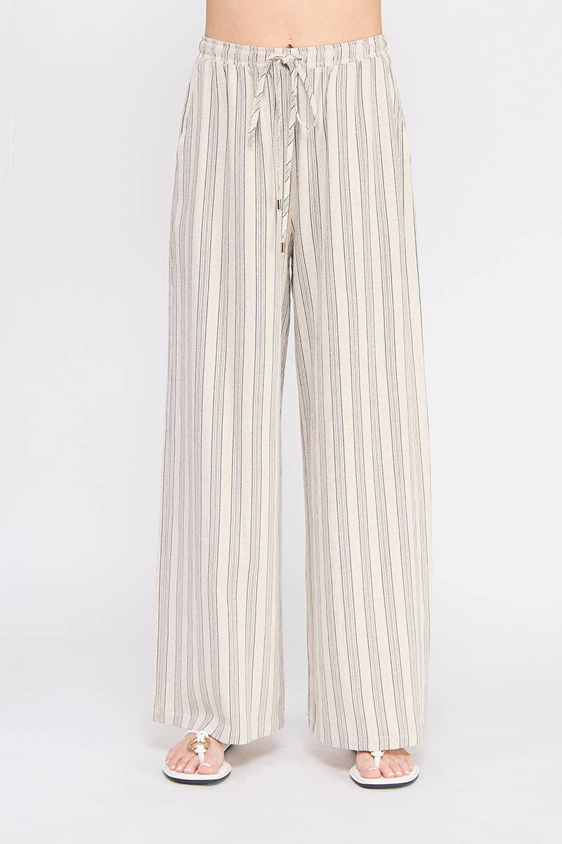 Cotton Blend Stripe Wide Leg Drawstring Pants