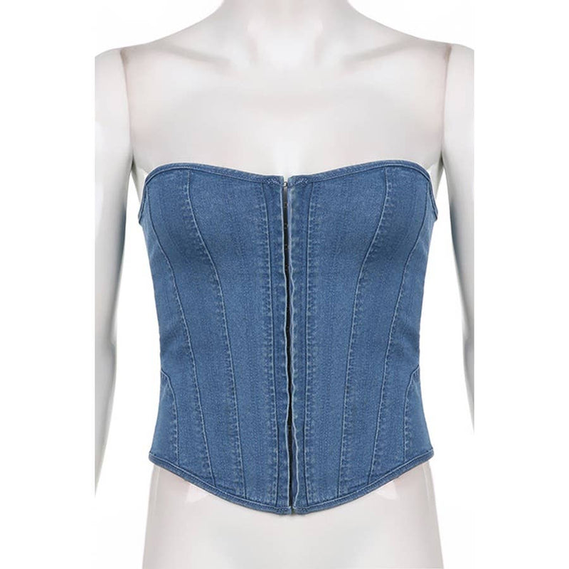 Slim Fit Lace up Solid Color Denim Tube Top