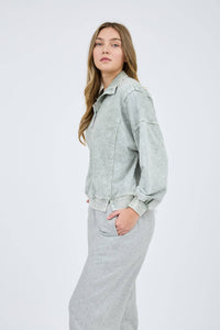 WASHED HALF SNAP BUTTON LONG SLEEVE KNIT TOP: GREY