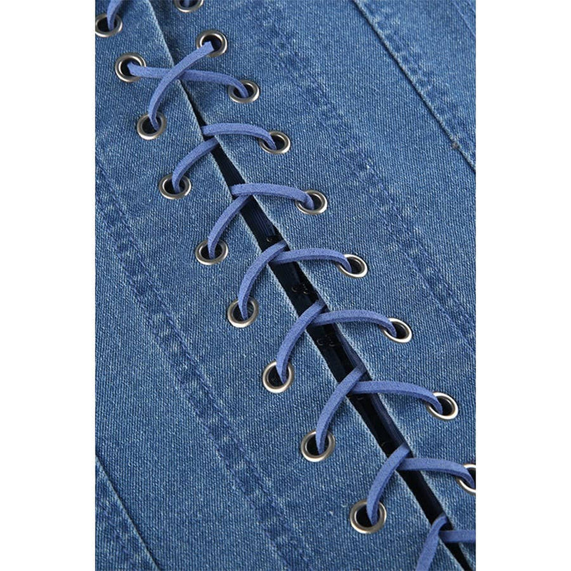 Slim Fit Lace up Solid Color Denim Tube Top