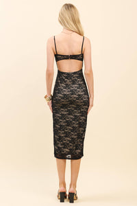 RUFFLE TRIMMED HOOK & EYE CLOSURE MIDI DRESS: BLACK