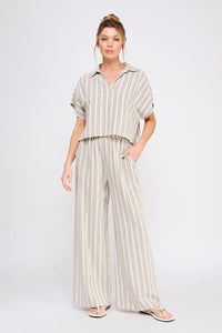 Cotton Blend Stripe Wide Leg Drawstring Pants