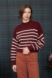 STRIPE MOCK NECK DROP SHOULDER KNIT SWEATER: NAVY