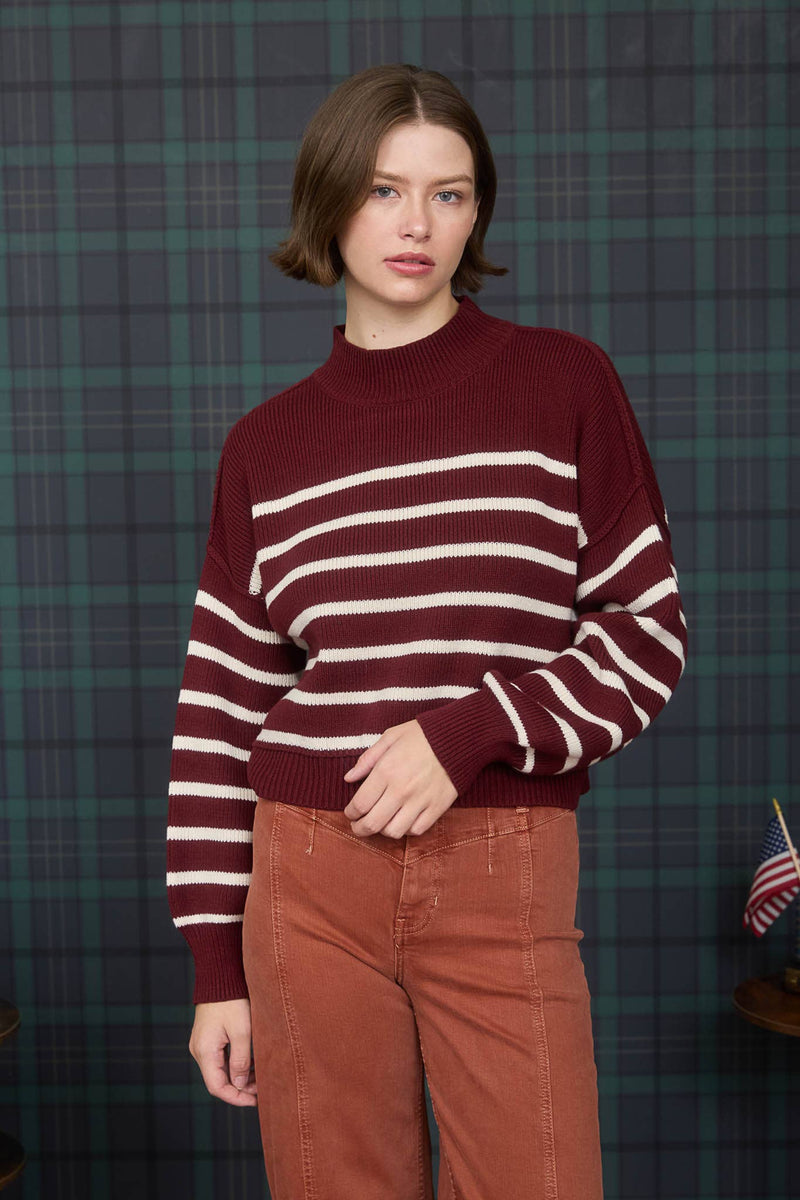 STRIPE MOCK NECK DROP SHOULDER KNIT SWEATER: NAVY