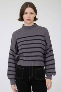 STRIPE MOCK NECK DROP SHOULDER KNIT SWEATER: NAVY