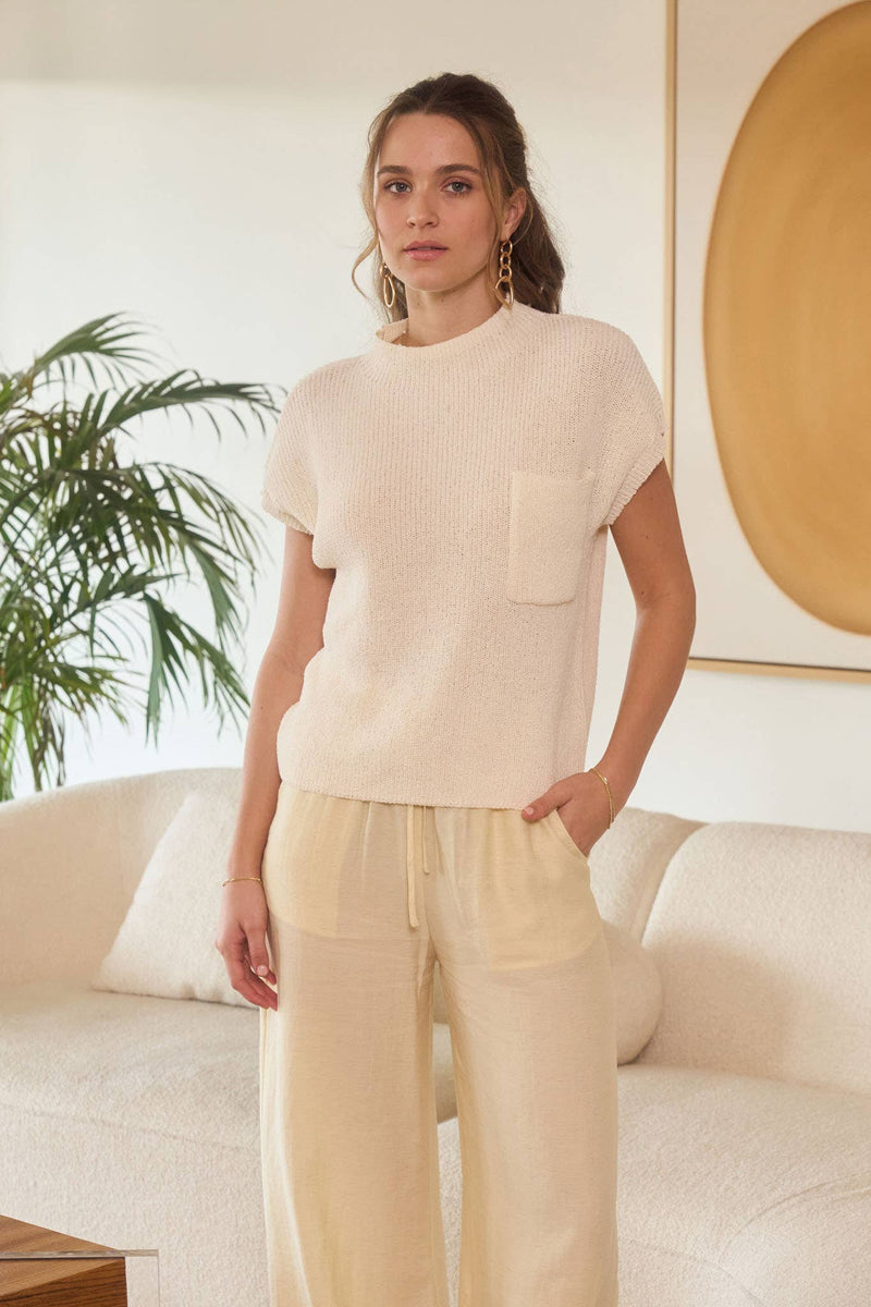 MOCK NECK SHORT SLEEVE SWEATER: IVORY