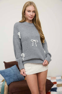 BOW DETAIL CREW NECK LONG SLEEVE PULLOVER SWEATER: GREY