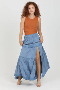 ASIS TIERED MAXI SKIRT WITH LACE TRIM AND SLIT