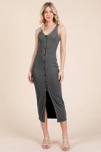 V NECK NON FUCTIONAL BUTTON MIDI DRESS: BLACK / SOFT WHITE