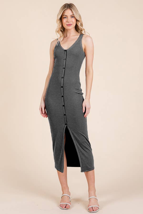 V NECK NON FUCTIONAL BUTTON MIDI DRESS: BLACK / SOFT WHITE