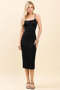 RUCHED EMPIRE CHEST MIDI CAMI DRESS: BLACK