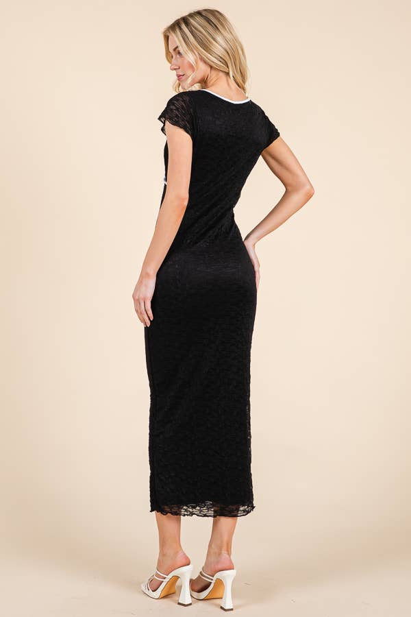 LACE CONTRAST MIDI DRESS: BLACK/WHITE