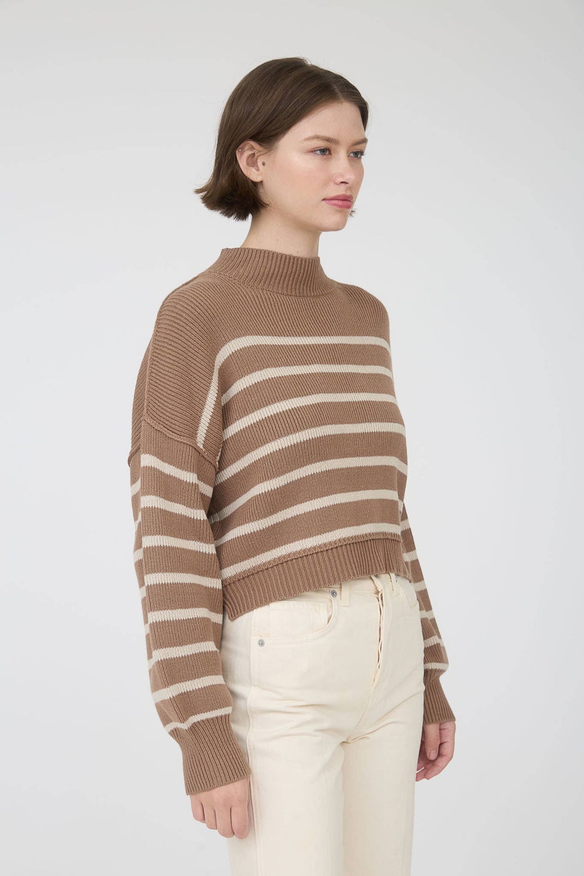 STRIPE MOCK NECK DROP SHOULDER KNIT SWEATER: NAVY