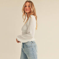 LONG SLEEVE SMOCKED PEASANT TOP: Off White