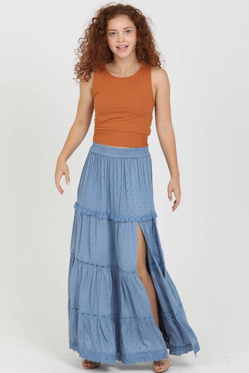 ASIS TIERED MAXI SKIRT WITH LACE TRIM AND SLIT