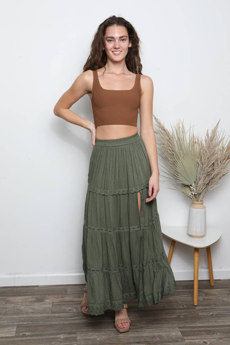ASIS TIERED MAXI SKIRT WITH LACE TRIM AND SLIT