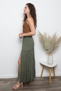 ASIS TIERED MAXI SKIRT WITH LACE TRIM AND SLIT