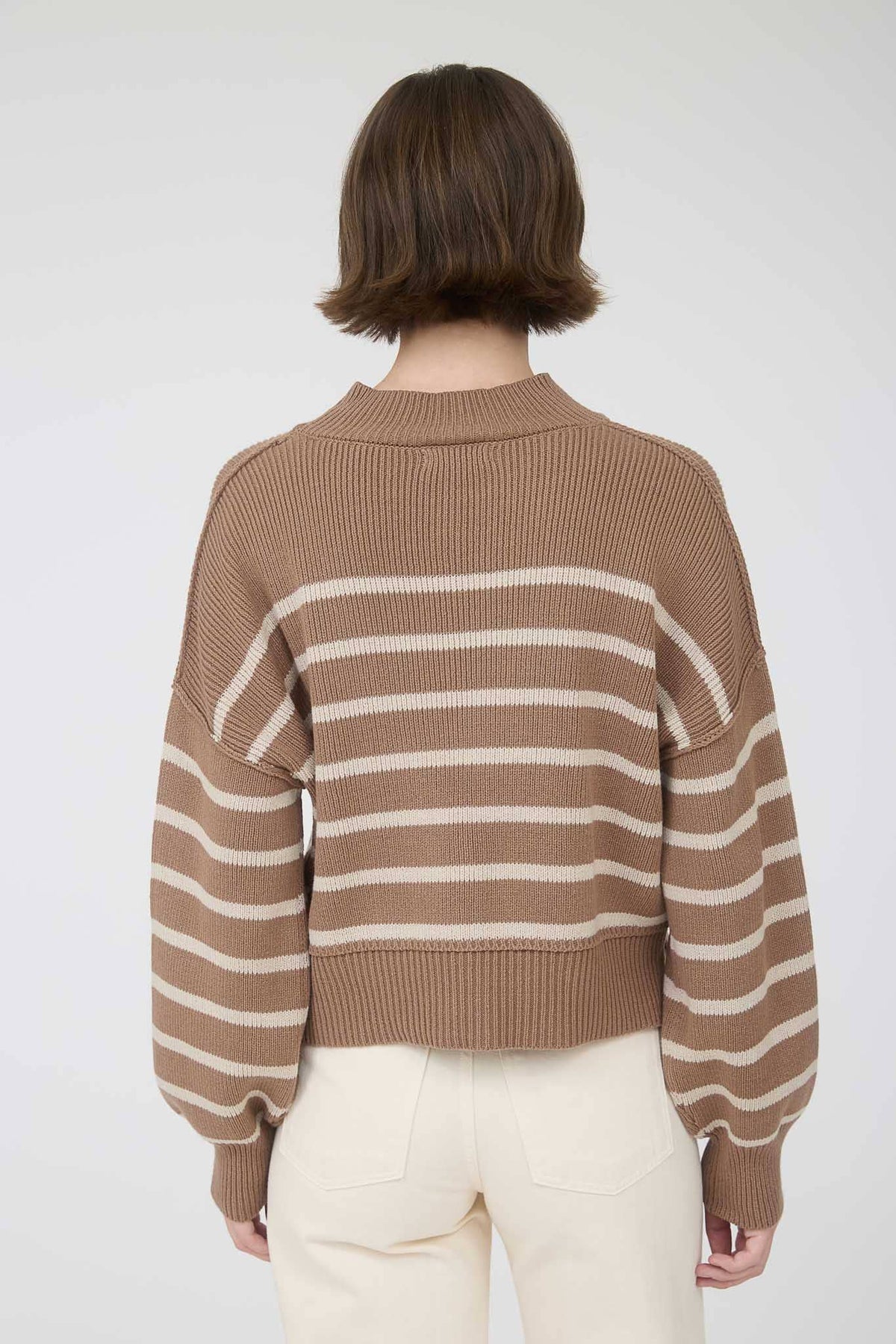 STRIPE MOCK NECK DROP SHOULDER KNIT SWEATER: NAVY
