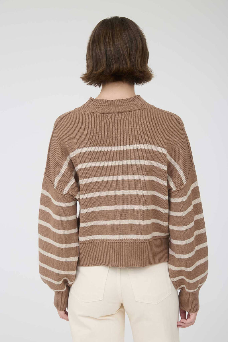 STRIPE MOCK NECK DROP SHOULDER KNIT SWEATER: NAVY