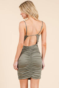 ALL AROUND RUCHING DOUBLE LAYERED OPEN BACK DRESS: FADE OLIVE