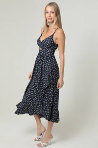 V NECK TWIST FRONT CUT OUT SIDE SLIT RUFFLE MIDI