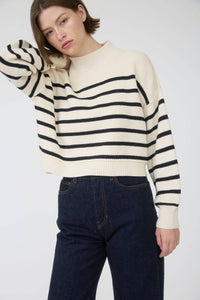 STRIPE MOCK NECK DROP SHOULDER KNIT SWEATER: NAVY