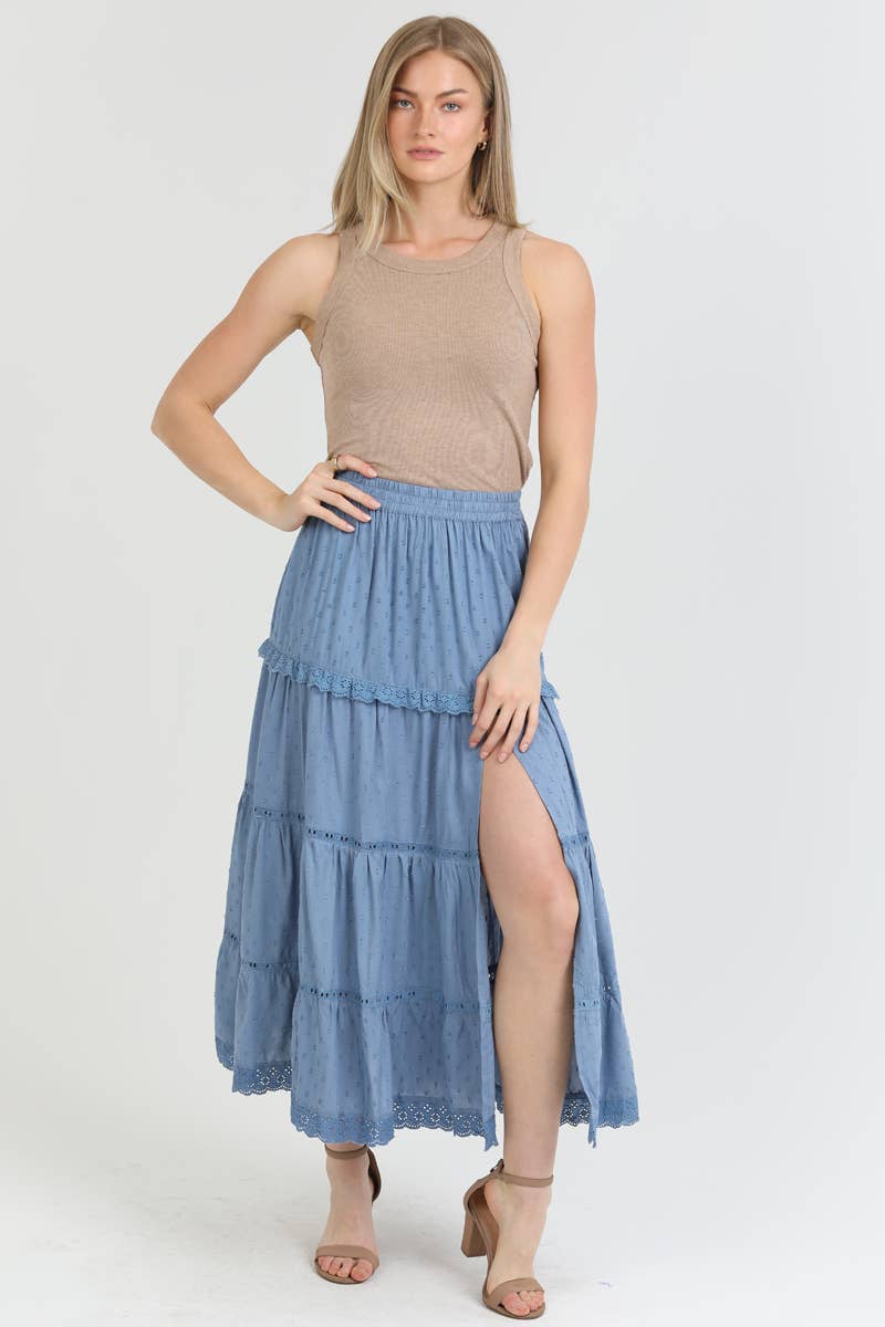 ASIS TIERED MAXI SKIRT WITH LACE TRIM AND SLIT