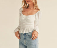 LONG SLEEVE SMOCKED PEASANT TOP: Off White