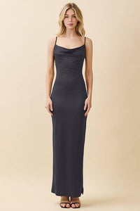 COWL NECK W LAYERED STRAP MAXI DRESS W SIDE SLIT: DARK IRON