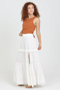 ASIS TIERED MAXI SKIRT WITH LACE TRIM AND SLIT