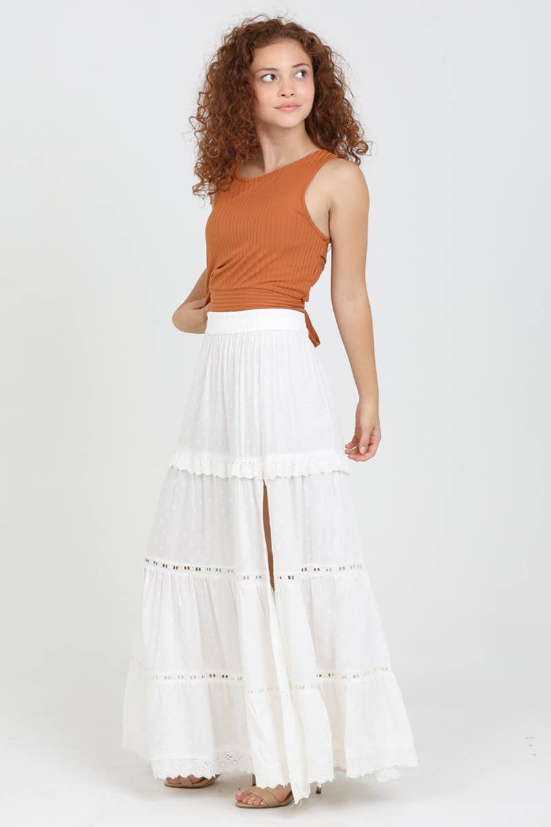 ASIS TIERED MAXI SKIRT WITH LACE TRIM AND SLIT