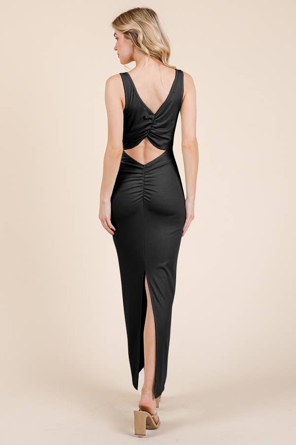 BACK RUCHED TANK BACK SLIT RIB MAXI DRESS: BLACK