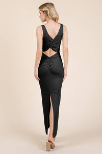 BACK RUCHED TANK BACK SLIT RIB MAXI DRESS: BLACK