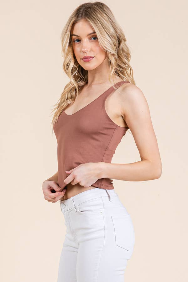 V-NECK BASIC DOUBLE LAYERS TANK TOP: CAFE CREME