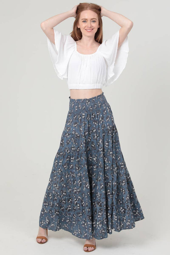 DITSY PRINT SMOCKED WAIST TIERED MAXI SKIRT
