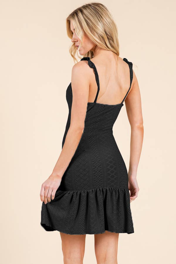 EYELET MINI DRESS: BLACK