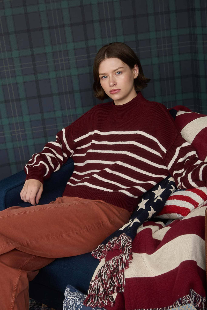 STRIPE MOCK NECK DROP SHOULDER KNIT SWEATER: NAVY