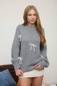 BOW DETAIL CREW NECK LONG SLEEVE PULLOVER SWEATER: GREY