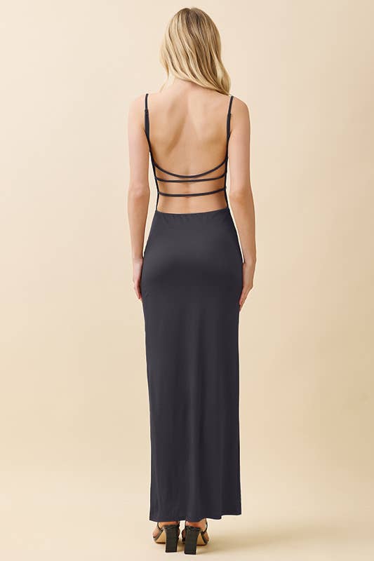 COWL NECK W LAYERED STRAP MAXI DRESS W SIDE SLIT: DARK IRON