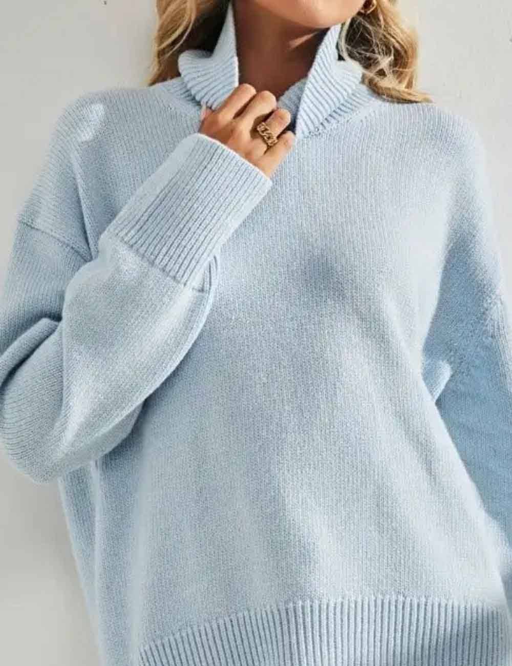 Ladies Solid Color Turthleneck Long Sleeves Knit Sweater