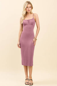 RUCHED EMPIRE CHEST MIDI CAMI DRESS: SMOKE ROSE