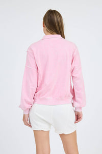 WASHED HALF SNAP BUTTON LONG SLEEVE KNIT TOP: GREY