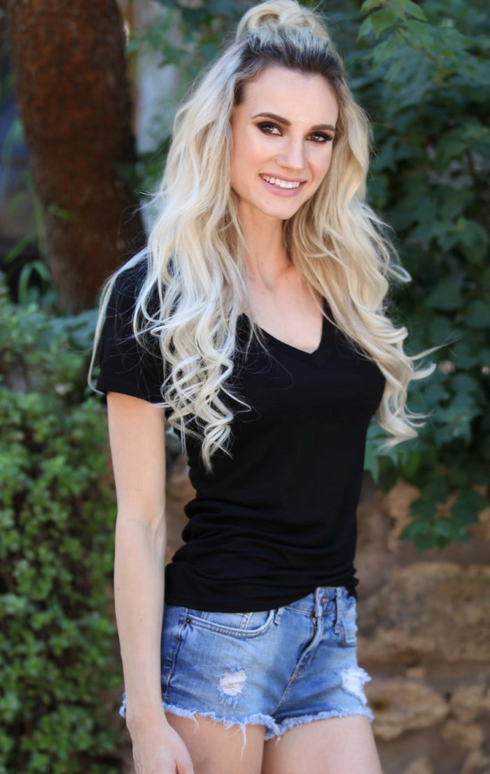 VNECK T SHIRT BASIC TOP: BLACK