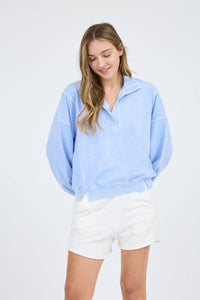 WASHED HALF SNAP BUTTON LONG SLEEVE KNIT TOP: GREY