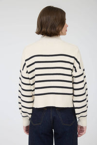 STRIPE MOCK NECK DROP SHOULDER KNIT SWEATER: NAVY